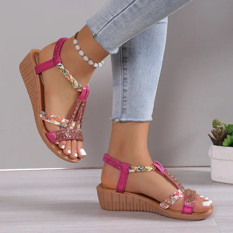 Wedge heel sandals with bohemian rhinestones