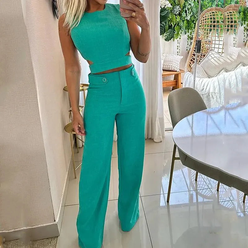 Chic Cropped Top High Waist Long Trousers Suits