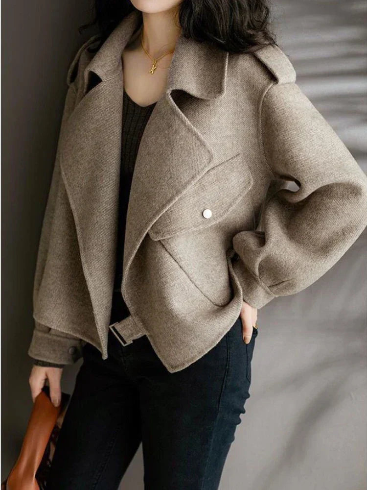 Lillian - elegant collar down warm crepe jacket