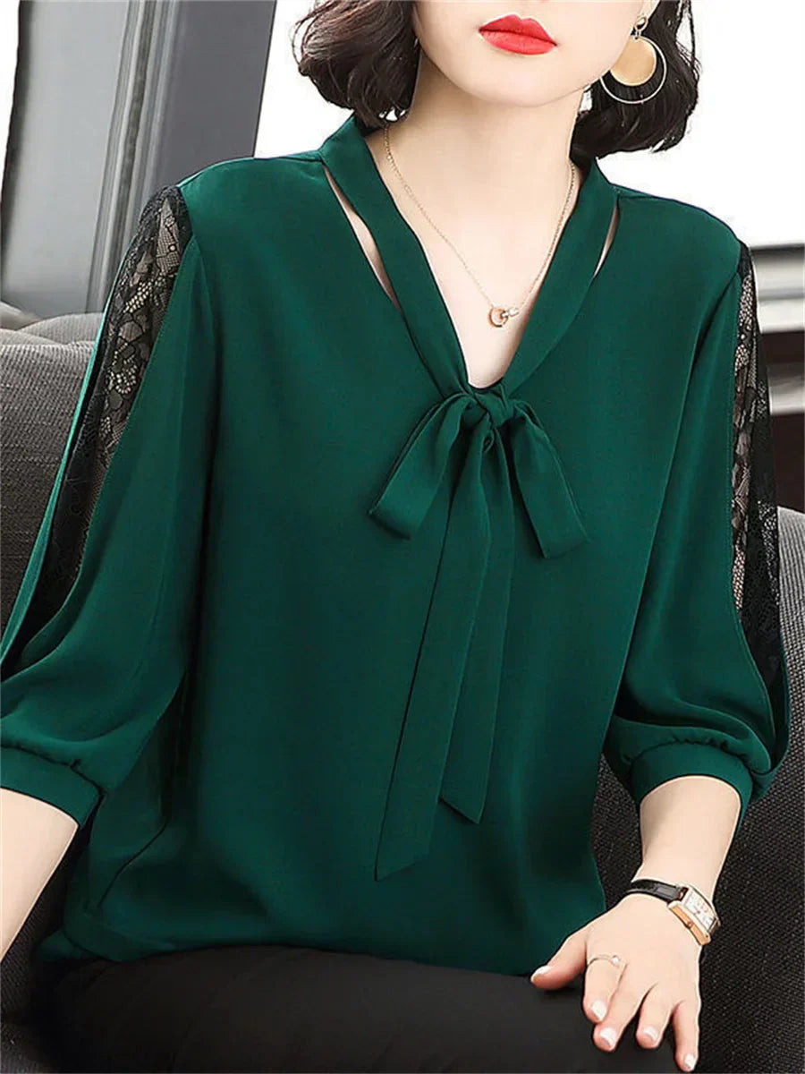 Blouse with bow collar and lace sleeves