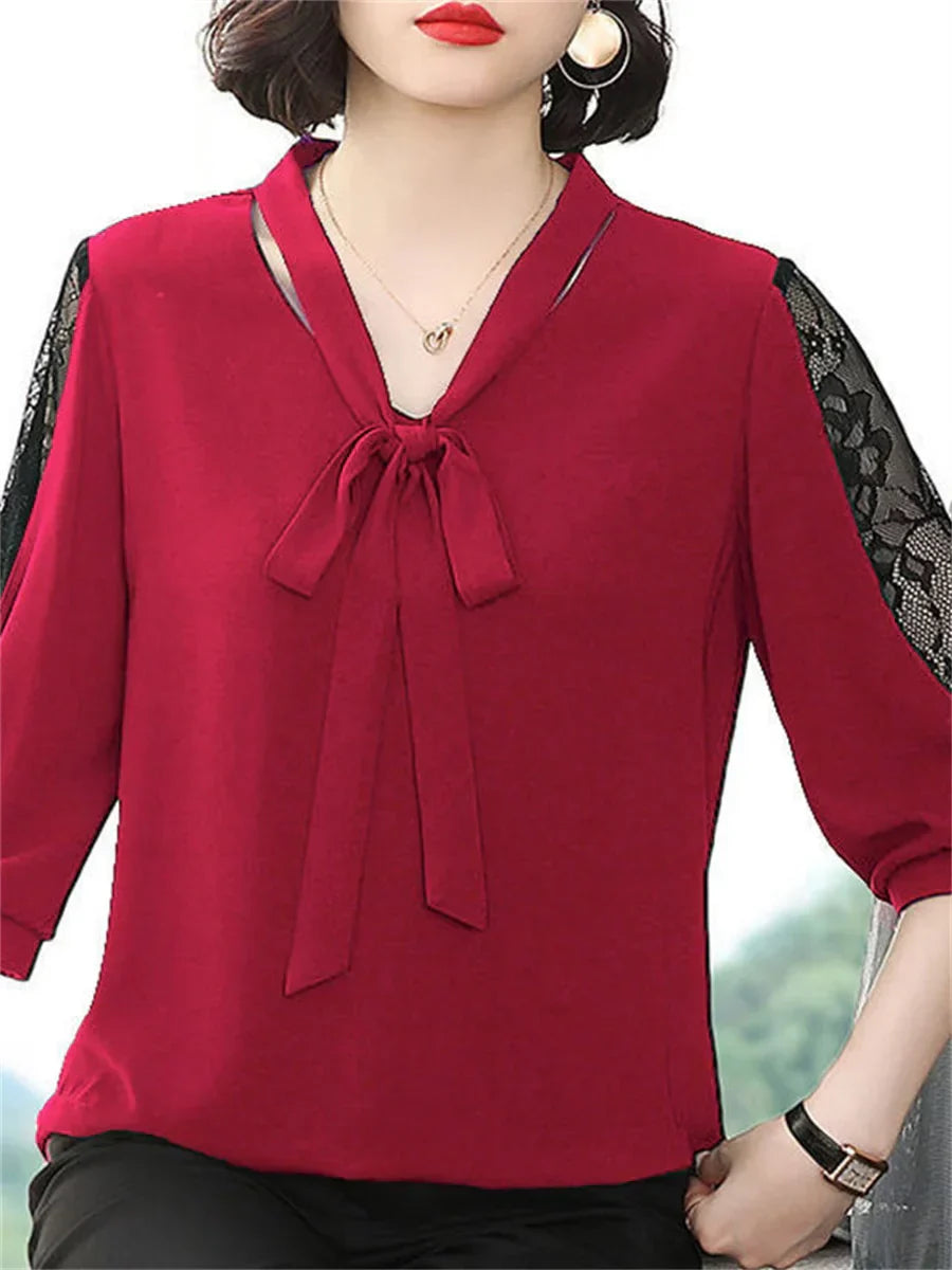 Blouse with bow collar and lace sleeves