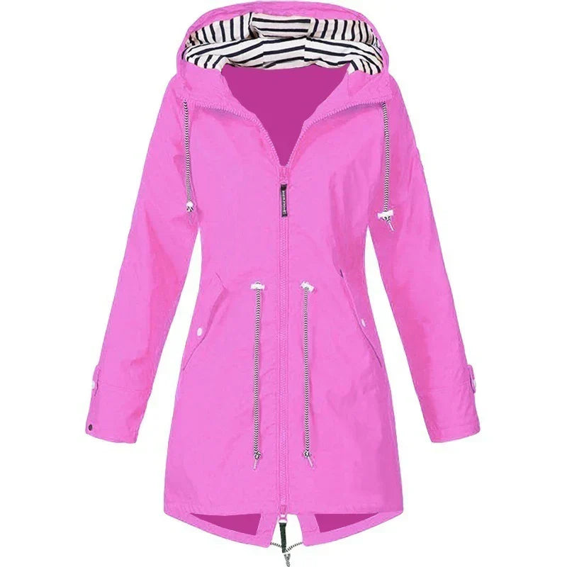 Women's waterproof hoodie trench coat with drawstring waist, zip and outer pockets