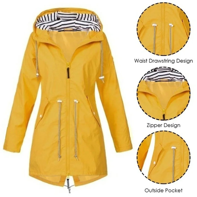 Women's waterproof hoodie trench coat with drawstring waist, zip and outer pockets