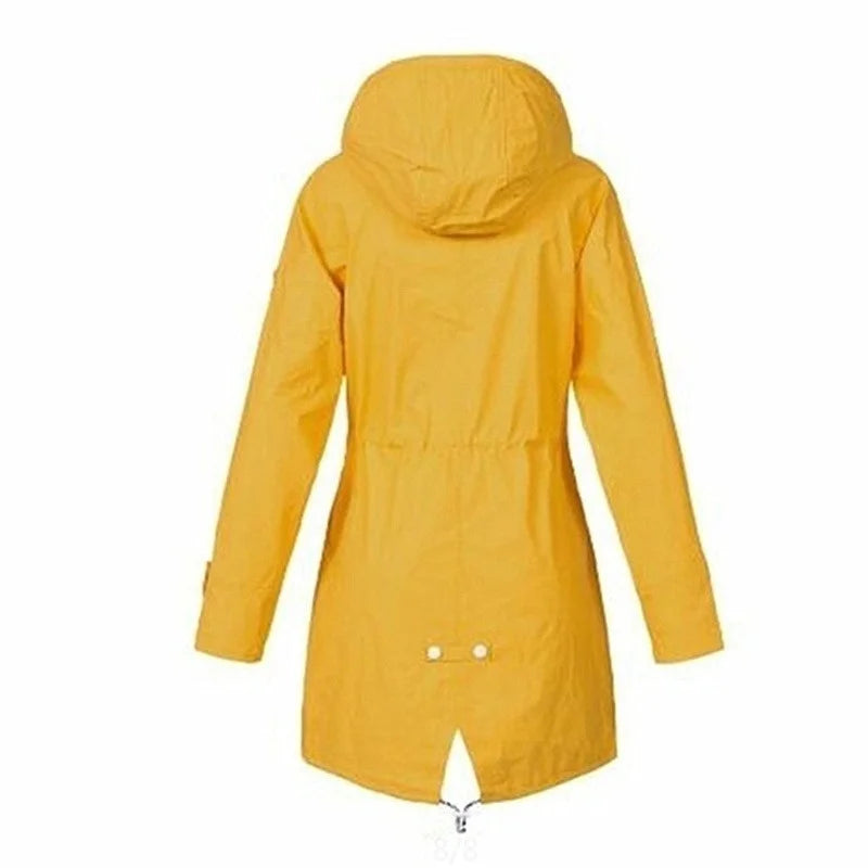 Women's waterproof hoodie trench coat with drawstring waist, zip and outer pockets