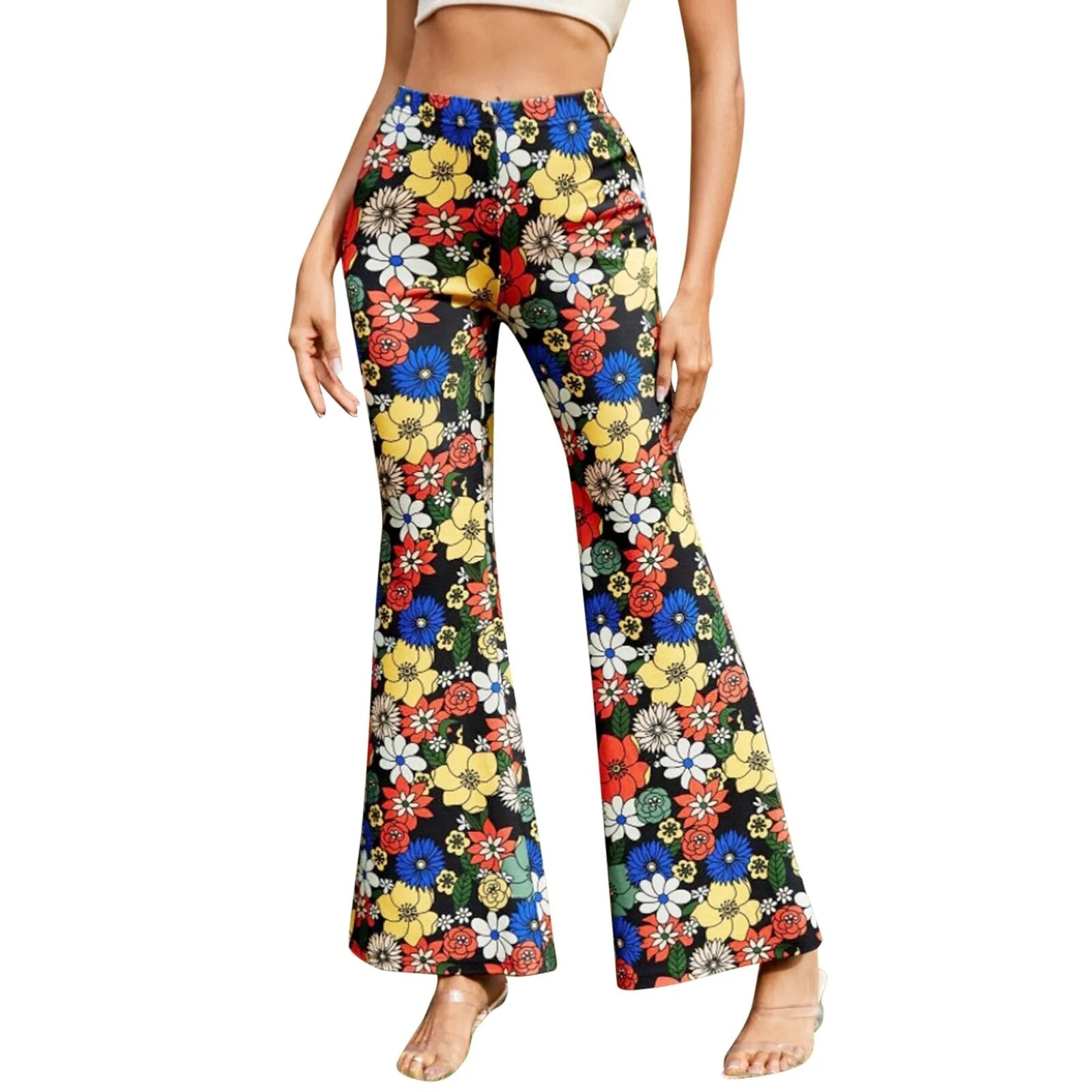 Flared Elastic Women's Trousers With Floral Pattern And Waist