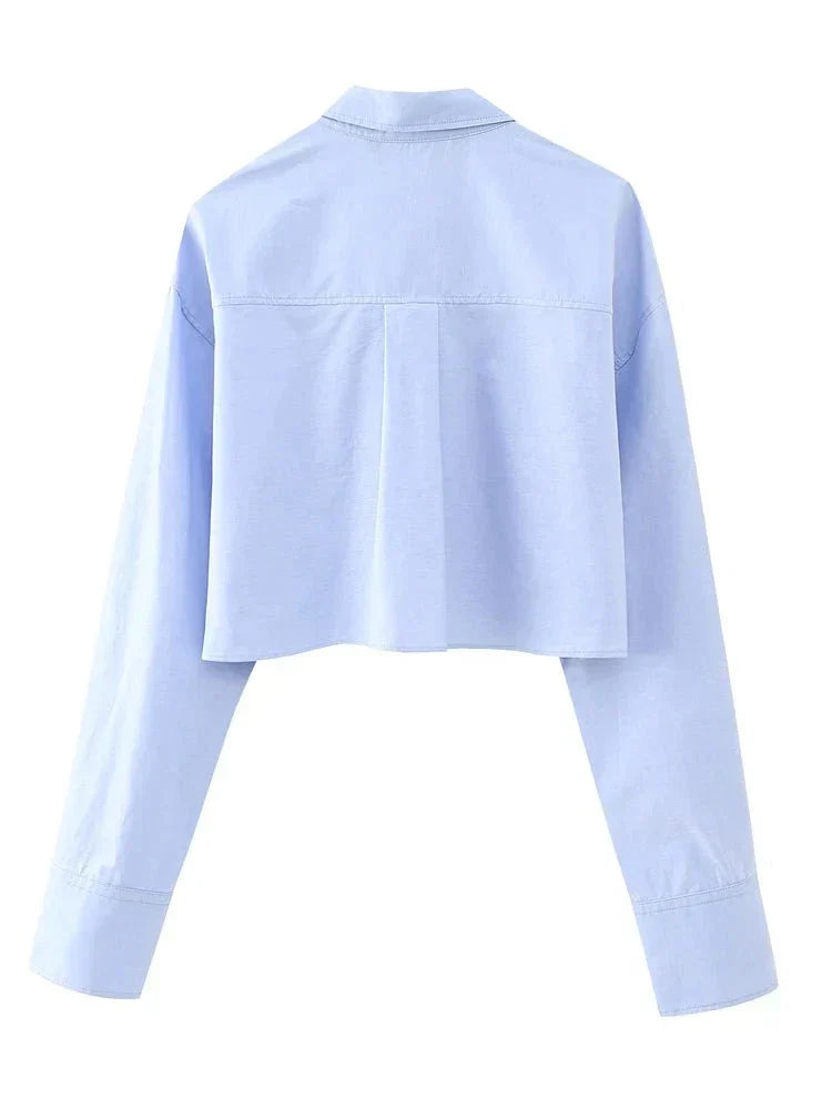 Cropped poplin shirt for women with front pocket - high-street style