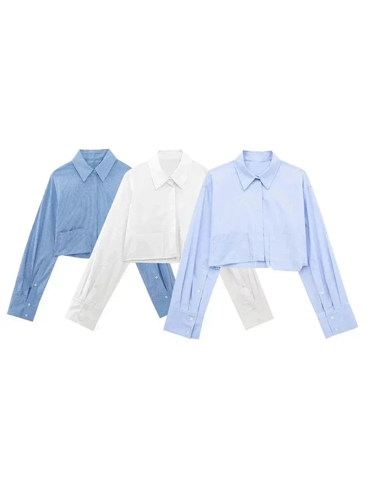 Cropped poplin shirt for women with front pocket - high-street style