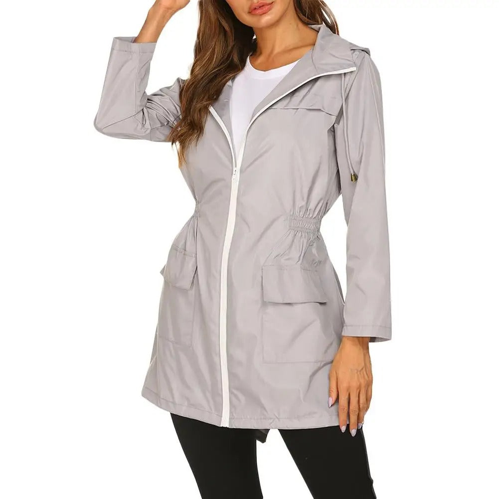 Fashionable windbreaker mackintosh for women with drawstring