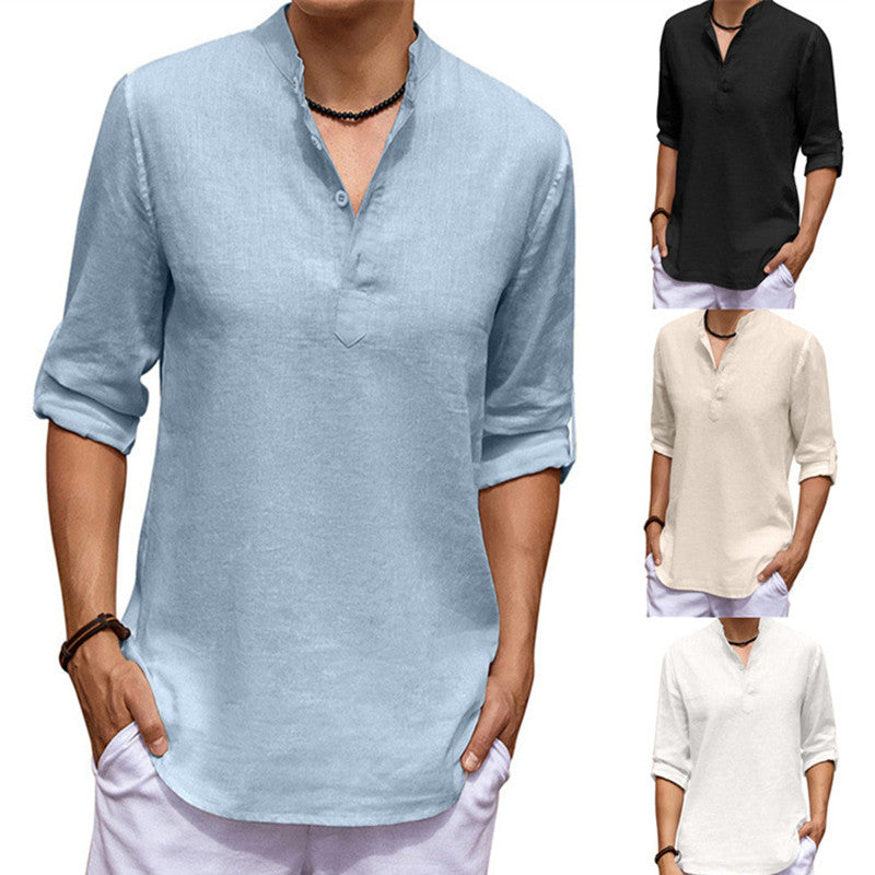 Casual long-sleeved shirt for men in cotton and linen