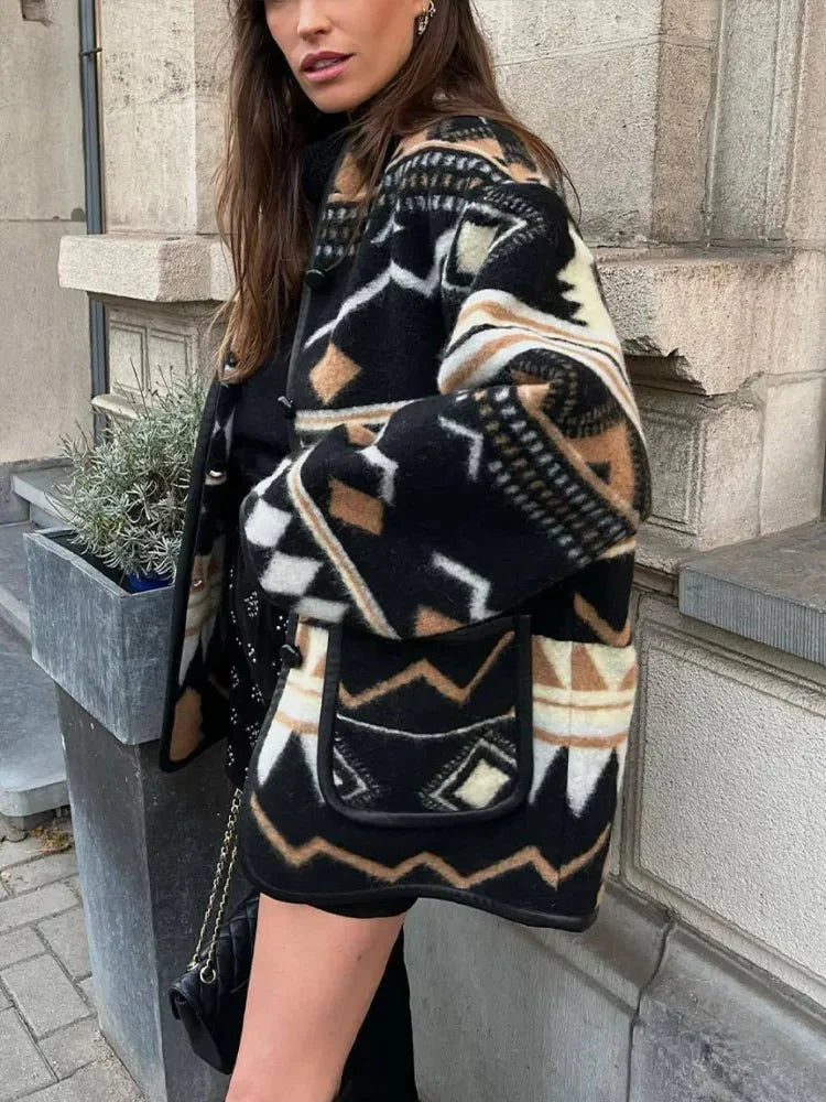 Aztec Patterned Wool Coat