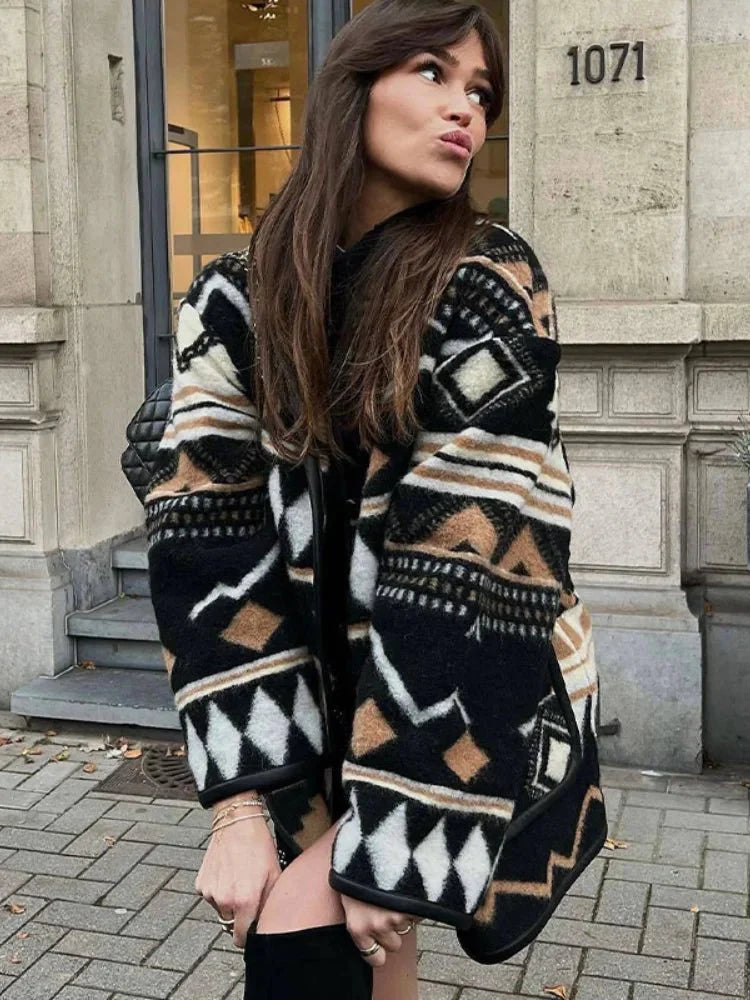 Aztec Patterned Wool Coat