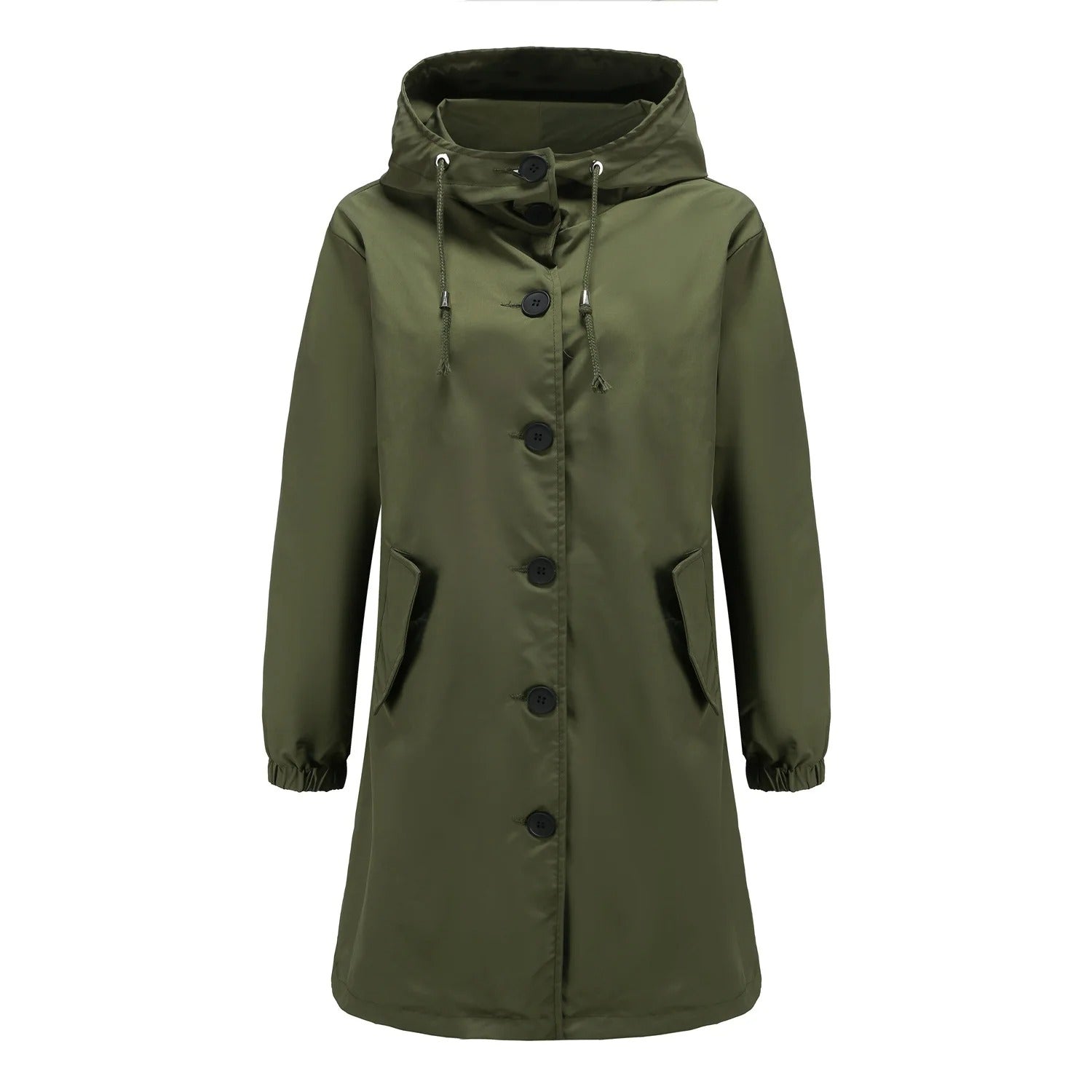 Women's hooded mackintosh with button closure