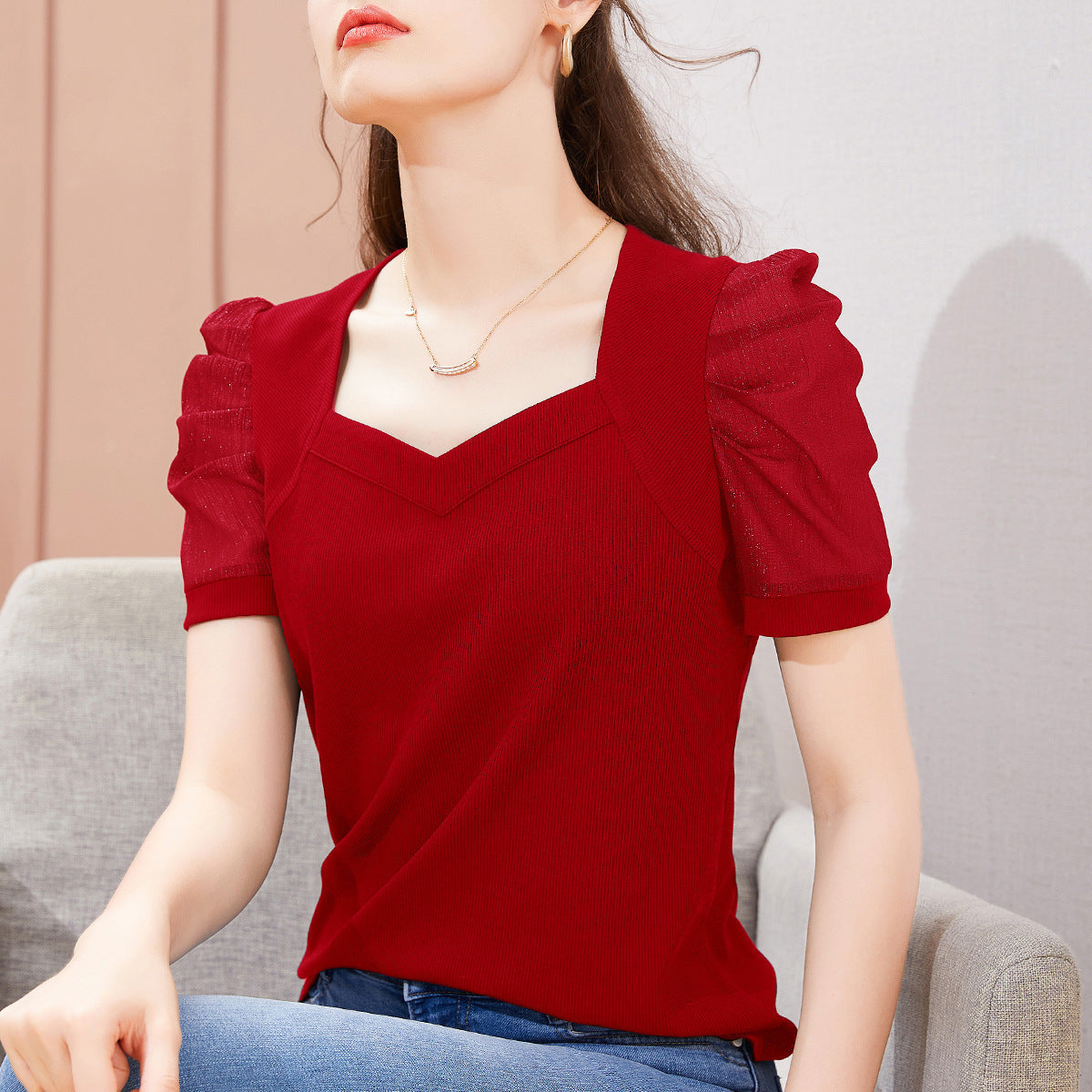 Blouse top with short puff sleeves and square neckline