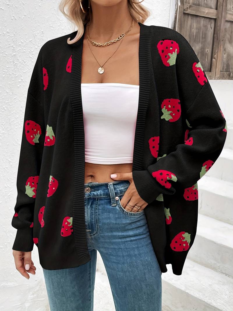 Stylish cardigan with long sleeves and strawberry print for autumn and spring