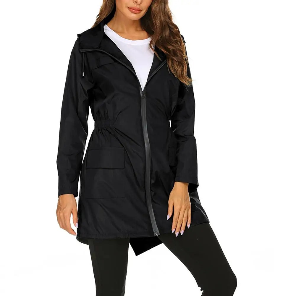 Fashionable windbreaker mackintosh for women with drawstring