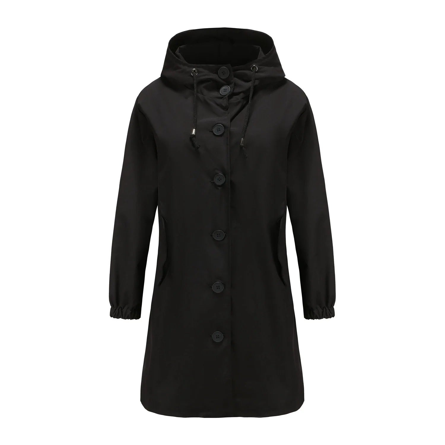 Women's hooded mackintosh with button closure