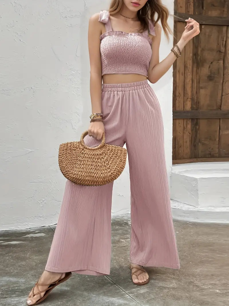 Cropped Top With Ruffles and Wide Trousers in a Set