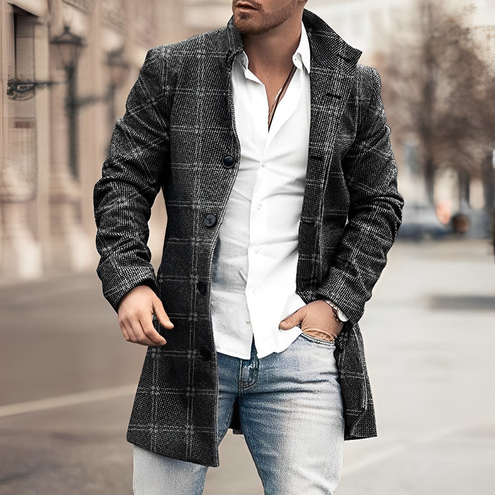 Men's wool coat with fashionable buttons