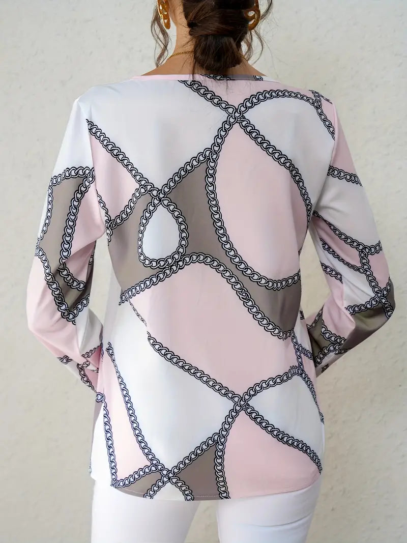 Casual Long-Sleeved Top and Blouse With Graphic Print and Round Neckline