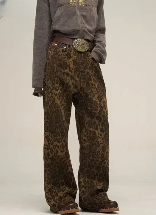 Leopard Oversized denim trousers with wide leg Streetwear