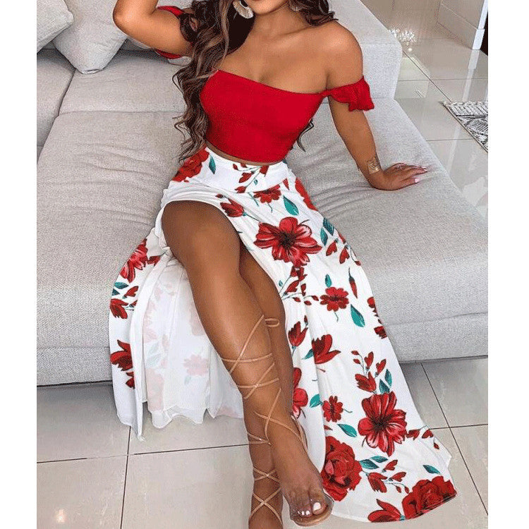 Fashion One Piece Collar Top Slit Long Skirt Two Piece Suit