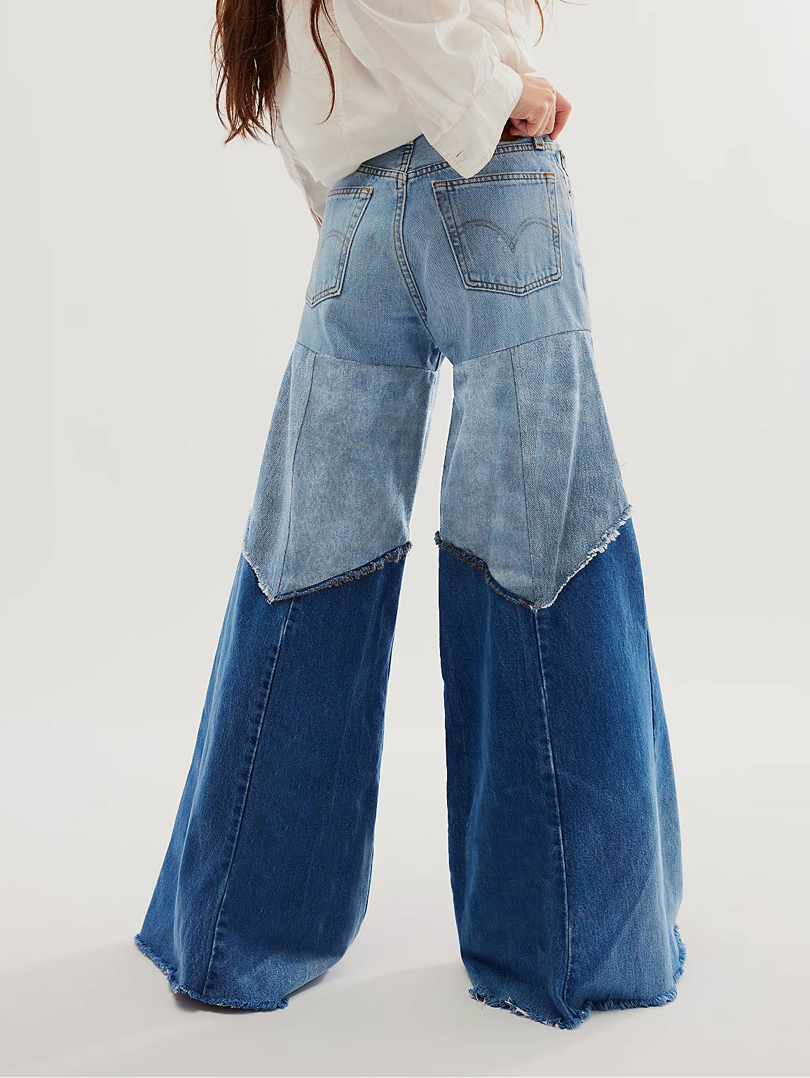 Women's High Waist Wide Leg Patchwork Denim Trousers