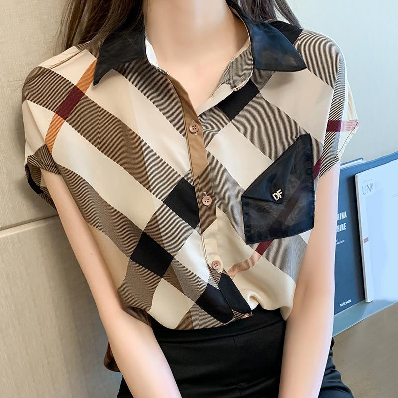 Women's Short Sleeve Checked Chiffon Blouse