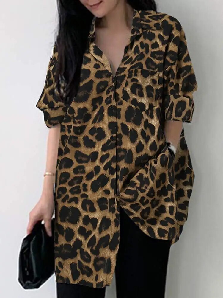 Caryn - Loose blouse with leopard print and long sleeves for women