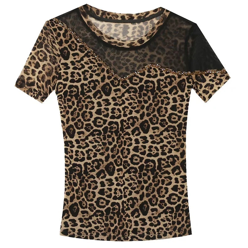 Women's top with leopard print and pearl accents