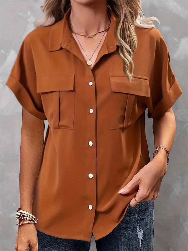 Women's Plus Size Folded Sleeve Blouse with Chest Pocket