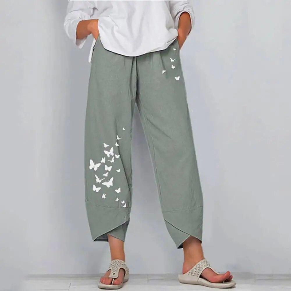 Women's Elastic Waist Butterfly Print Cropped Harem Pants