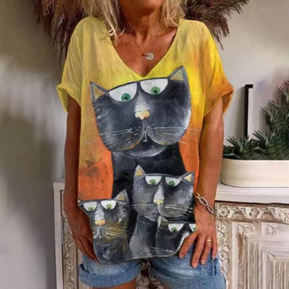 Women's V-neck Loose fit Cat Graphic T-shirt