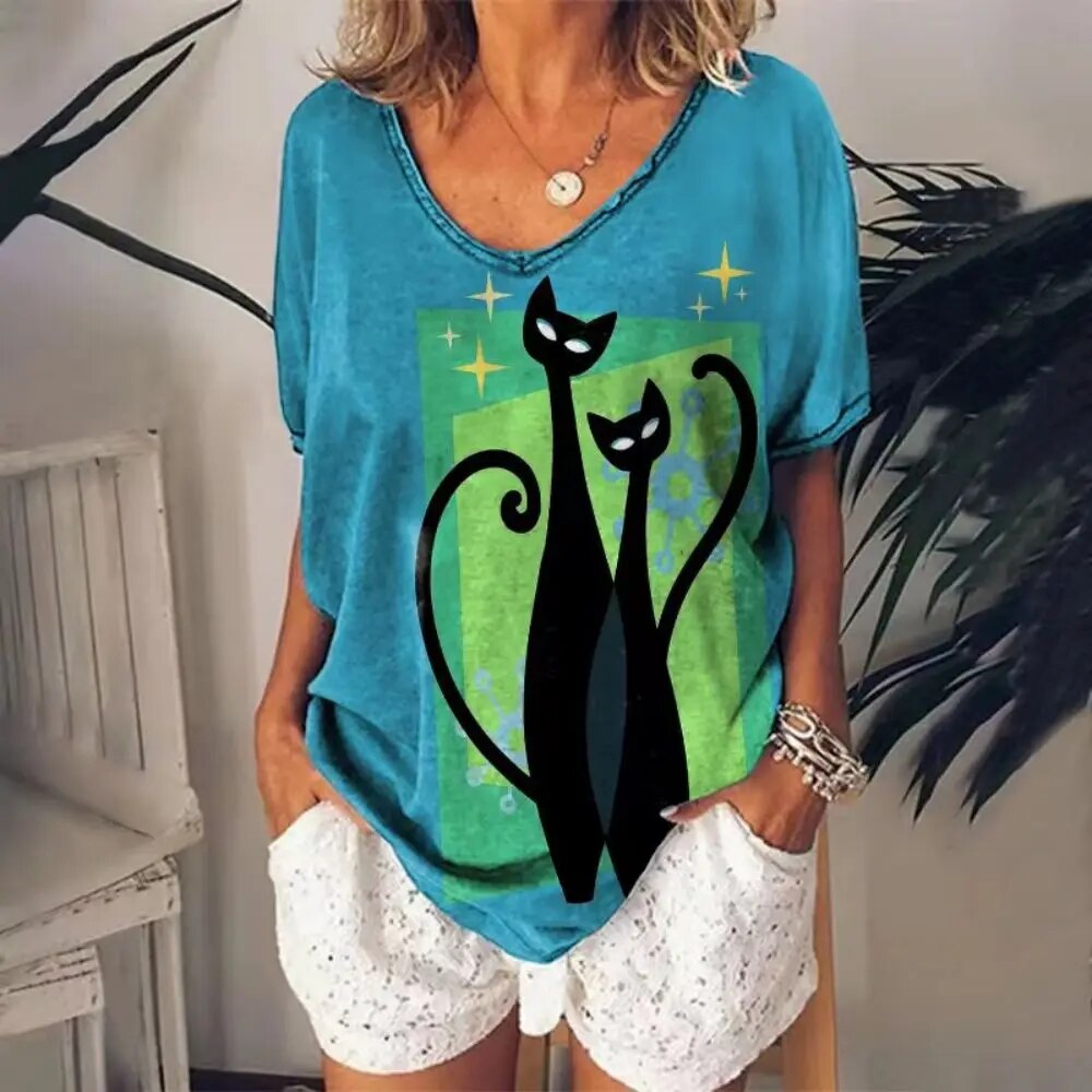 Women's V-neck Loose fit Cat Graphic T-shirt