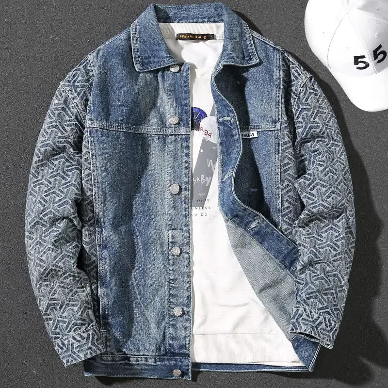 Denim jacket with patterned sleeves