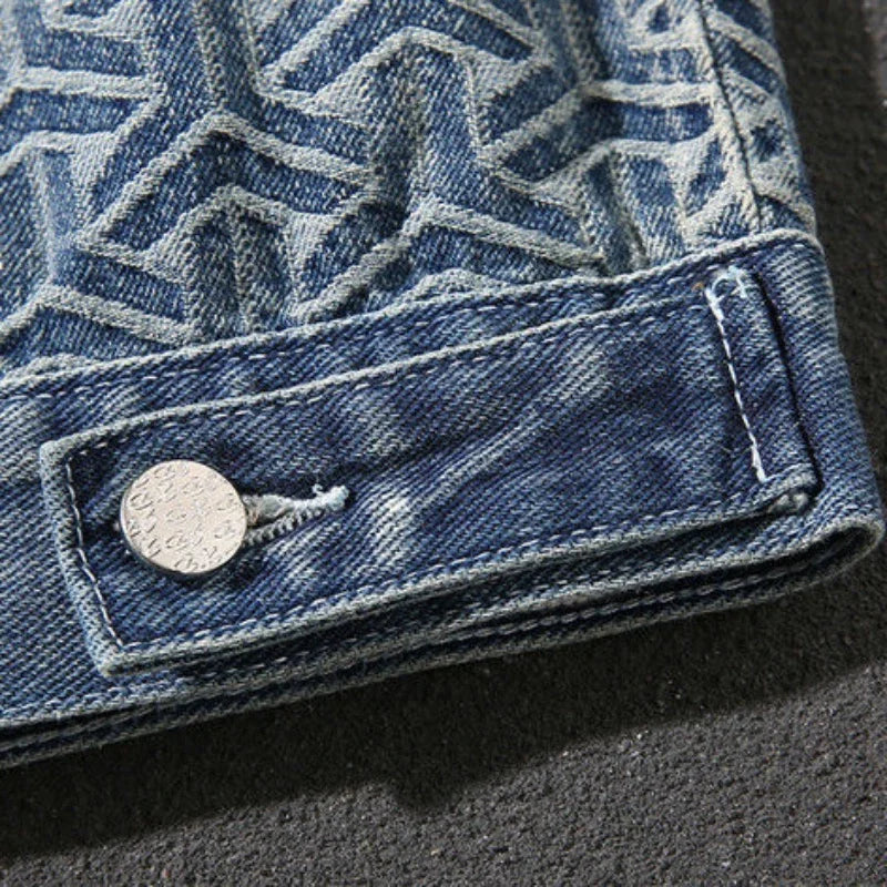 Denim jacket with patterned sleeves