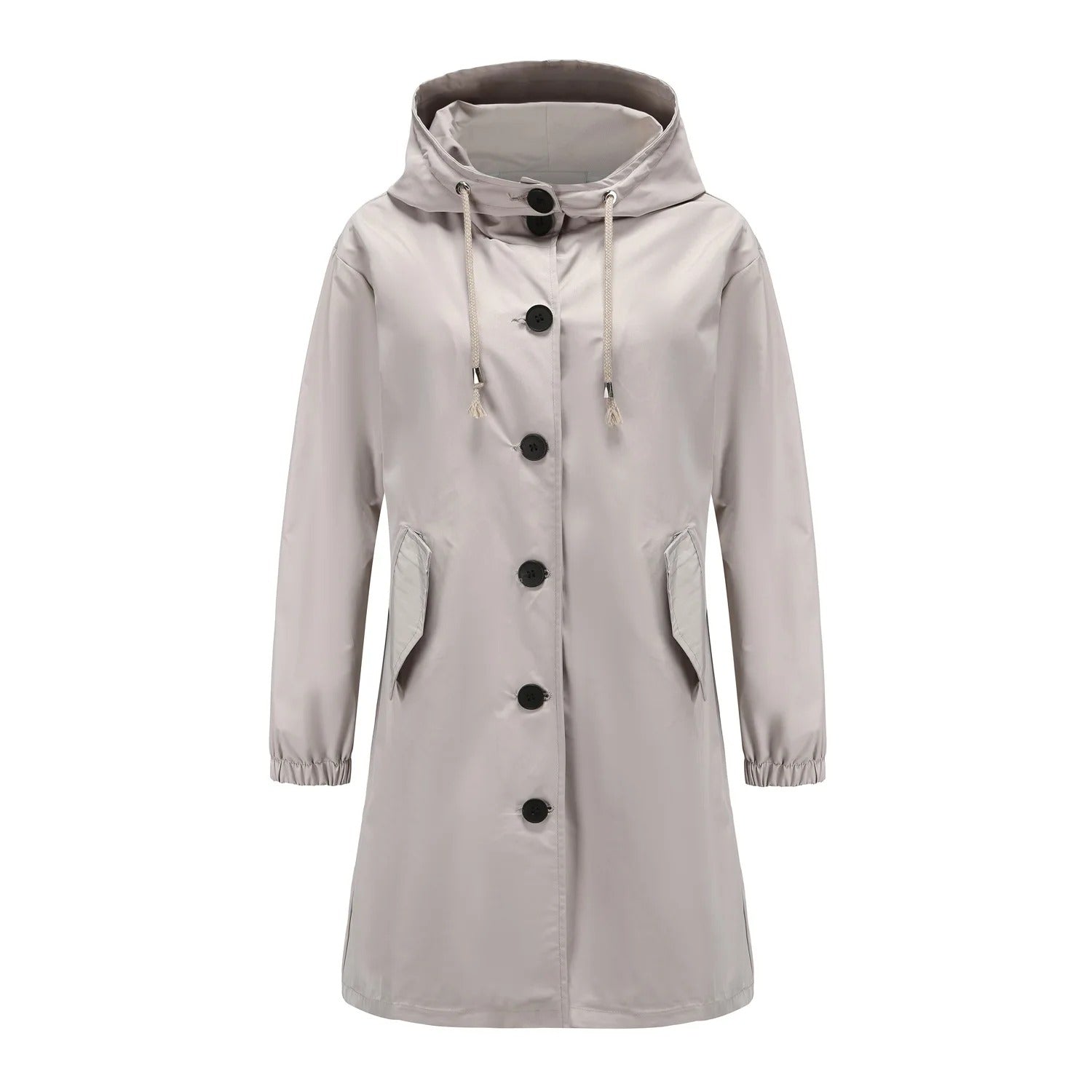 Women's hooded mackintosh with button closure