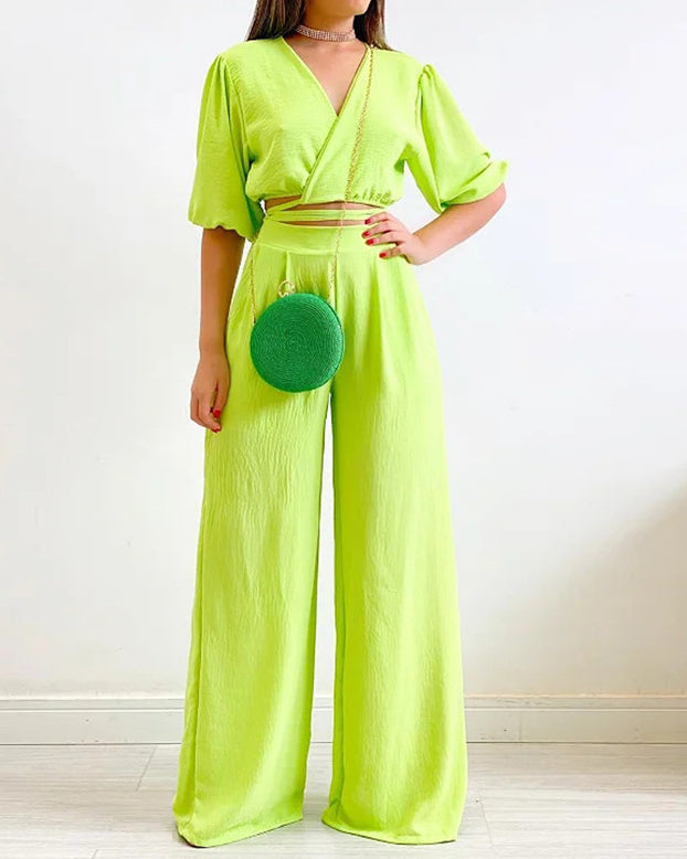 Desideria - V-Neck Short-Sleeved Wide-Leg Pants Suit