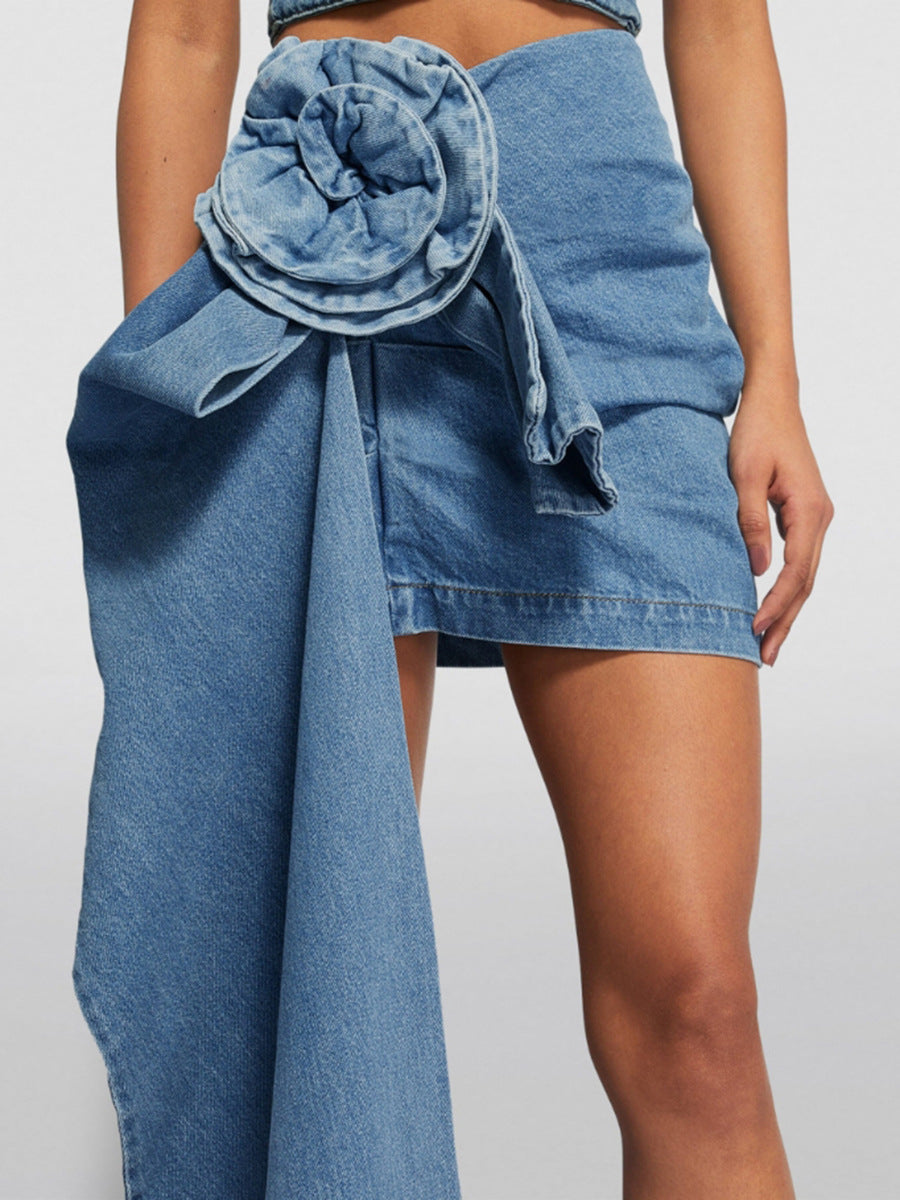 Ladies Retro Blue Rose Flower Denim Skirt