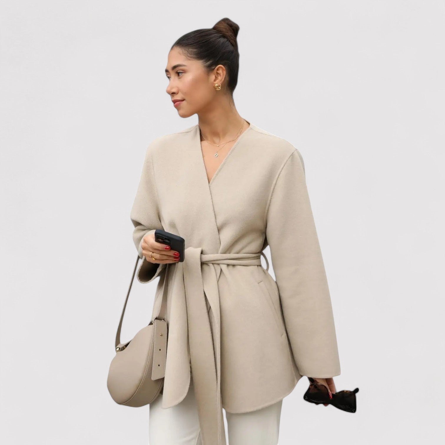 Ancien | Chic Midi Coat With Belt V-Neck Jacket