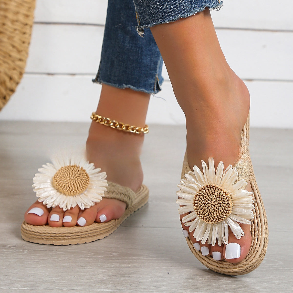 Summer New Fashion Women Linen Flower Flat Shoes