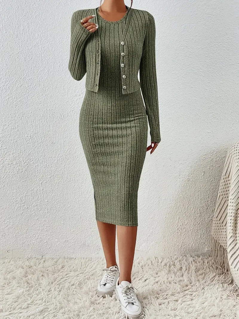 Cardigan With Single Row Buttons and Sleeveless Bodycon Dress