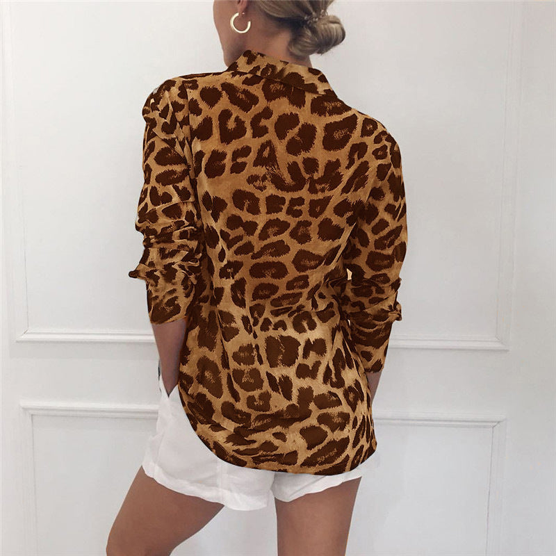 Classy long sleeve leopard print blouse turn down collar