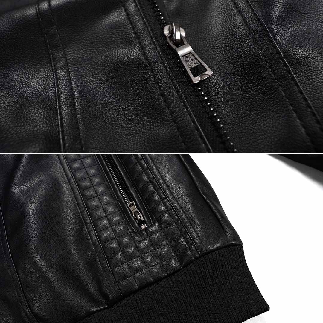 Hooded leather jacket with zipper