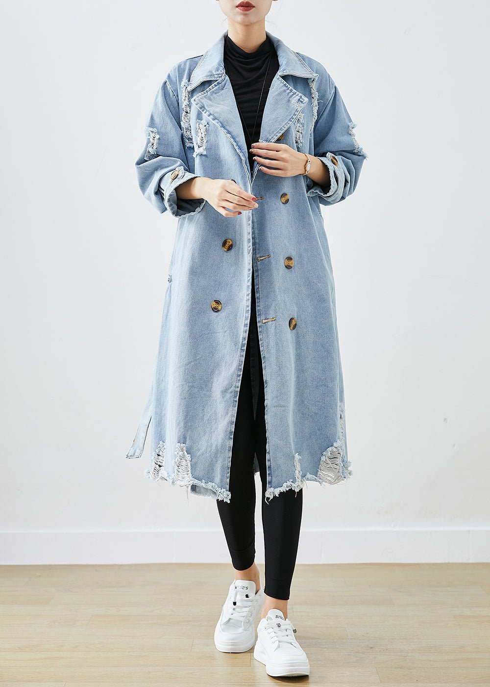 Full-size oversized ripped denim coat