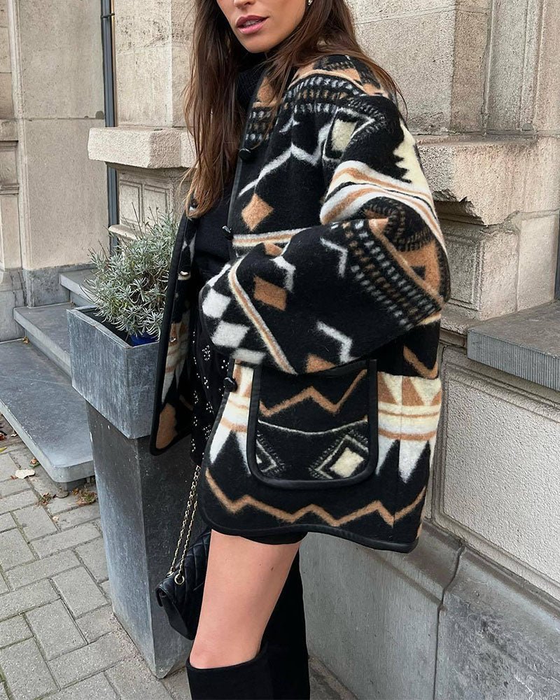 Geometric Patterned Wool Coat – Bold and Cozy Outerwear