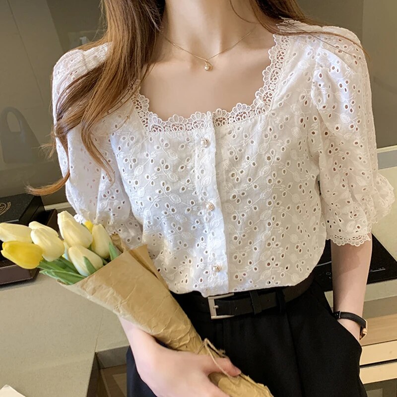 Women's White Embroidered Hollow Blouse