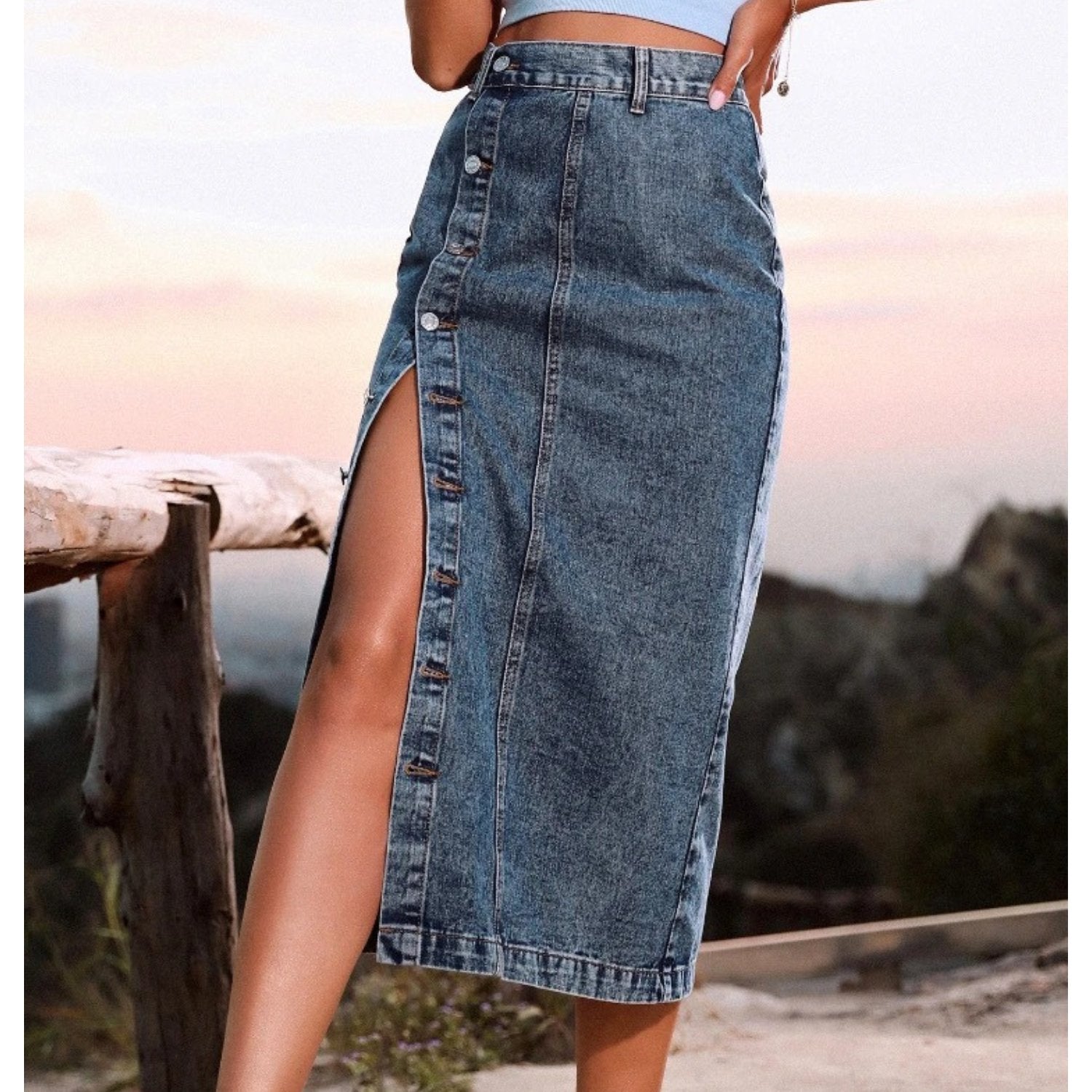 High-Slit Denim Skirt