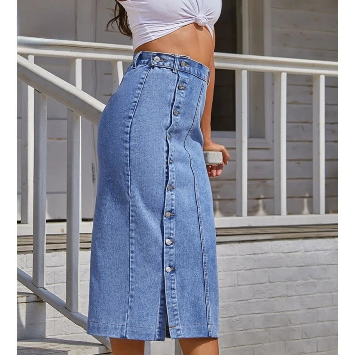 High-Slit Denim Skirt