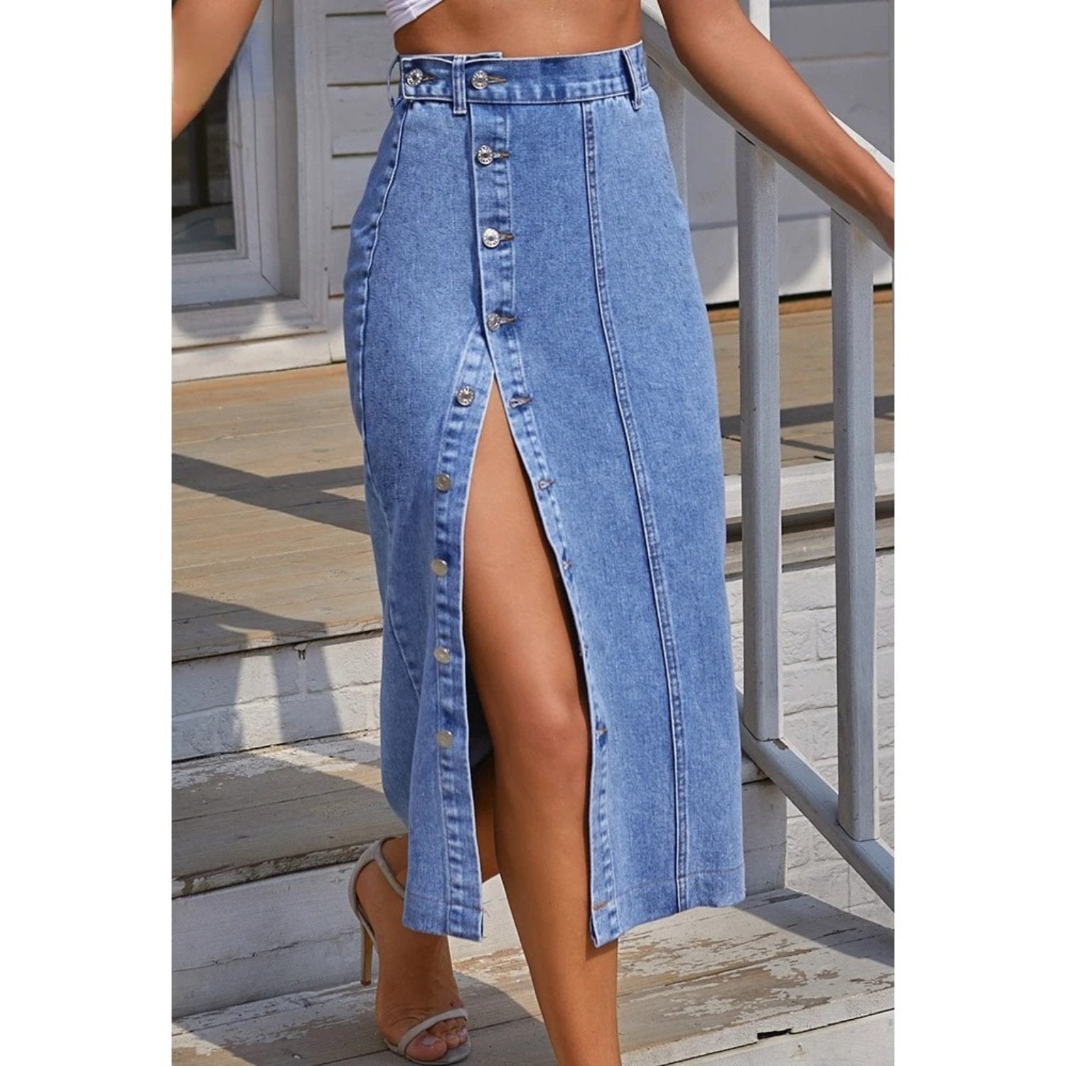 High-Slit Denim Skirt