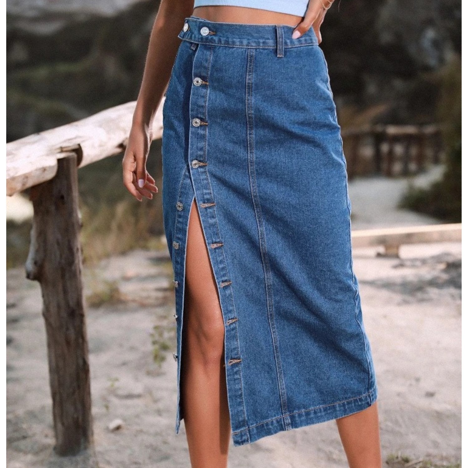 High-Slit Denim Skirt